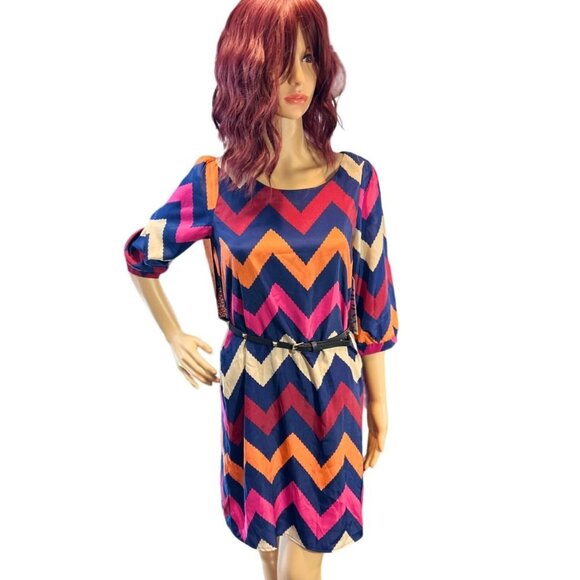 (5 for $25) Almost Famous Berry/Navy Chevron Belted Dress size small NWT - Picture 1 of 4